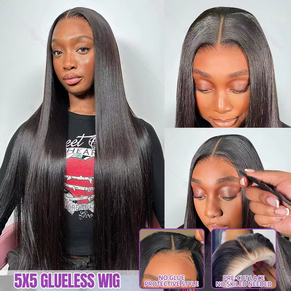 Bone Straight Wigs Glueless Wigs Human Hair Ready To Wear Wig 4X4 Pre Plucked Pre Cut Wig  Brazilian 100% Closure Wig